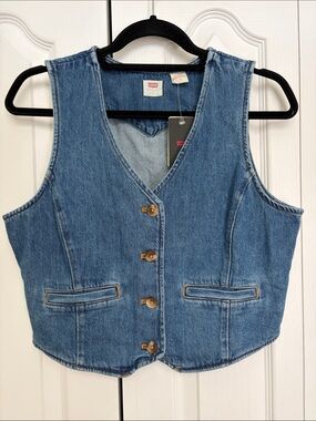 Levi's Slim Cropped Blue Denim Button-Front Vest L NWT